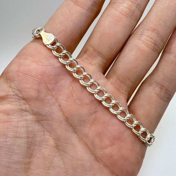 VTG Sterling Silver 925 Double Link Chain Bracelet Lobster Clasp Size 8" Length - Picture 7 of 10